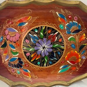 Hand-Painted Wooden Mexican Batea Tray w Vibrant Flower Design and Gold Edging